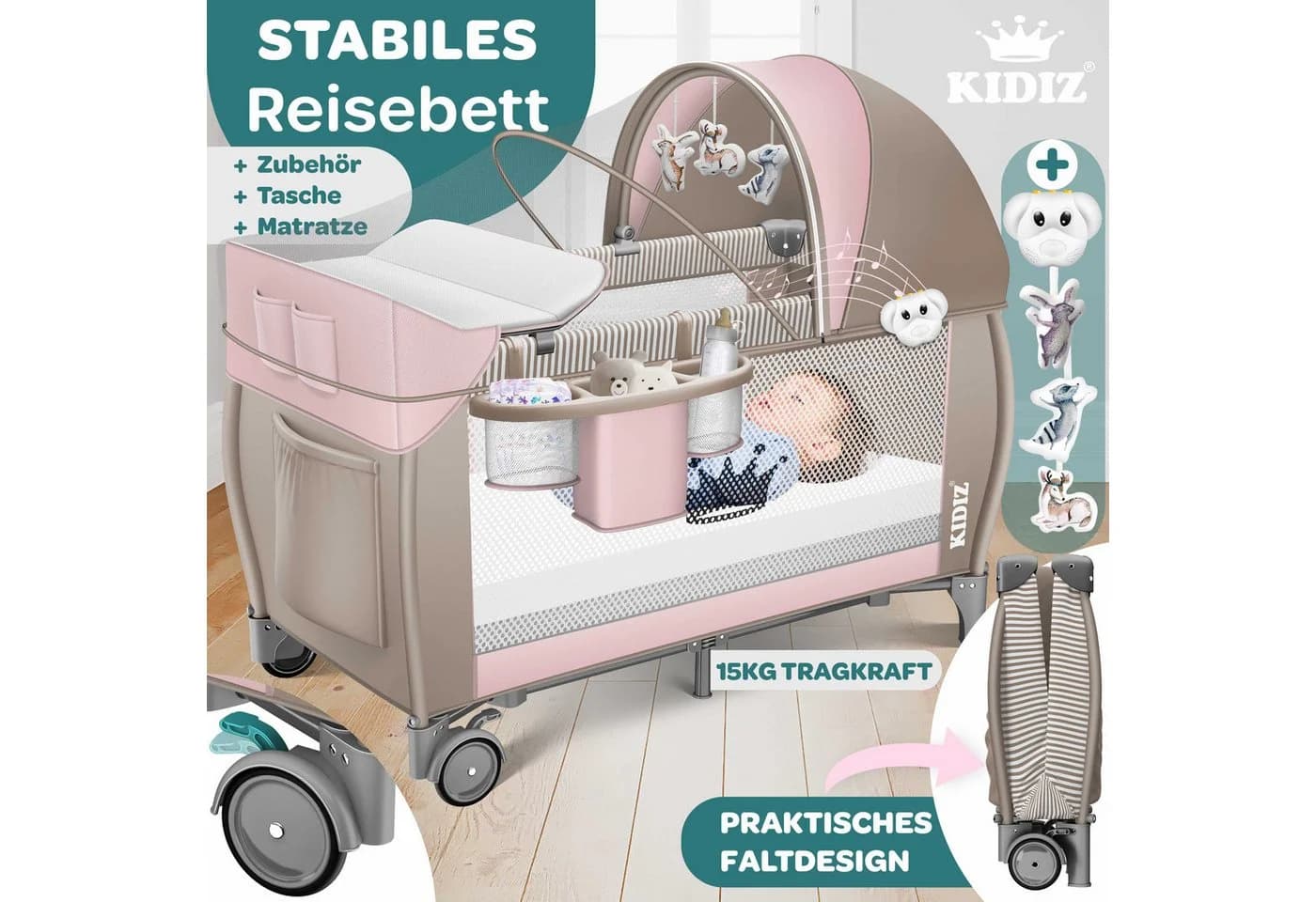 KIDIZ Baby-Reisebett 3in1 mit Wickeltisch, Matratze & Musikspielzeug Beige/Rosa - Bild 5