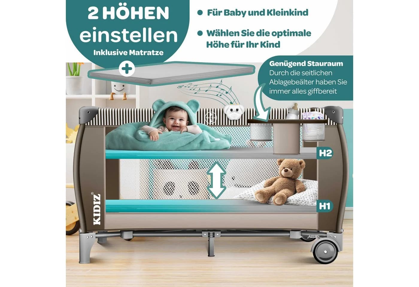 KIDIZ Babybett Reisebett Kinderreisebett Faltbar mit Matratze 120x60 - Bild 4