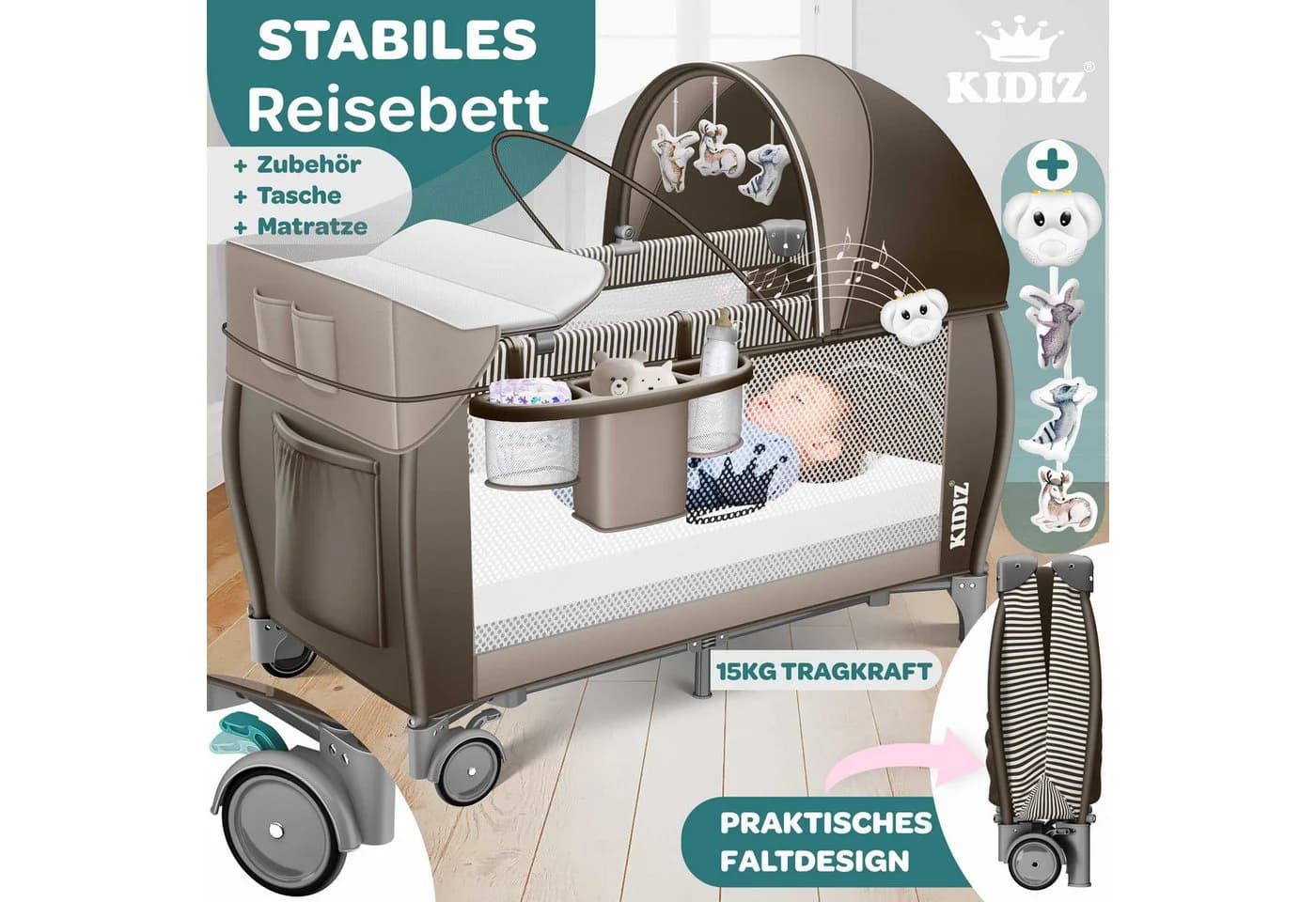 KIDIZ Babybett Reisebett Kinderreisebett Faltbar mit Matratze 120x60 - Bild 5