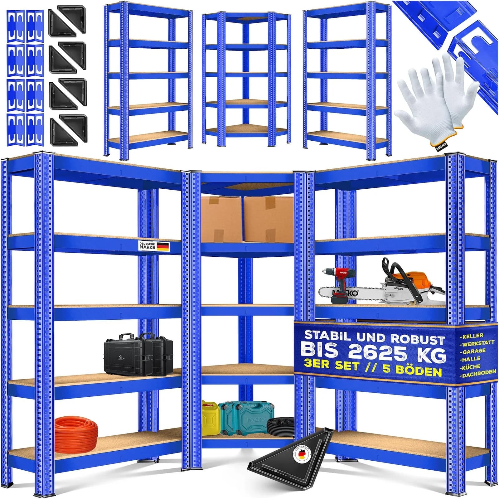 MASKO Schwerlastregal 3er Set mit Eckregal, Metall/MDF, blau