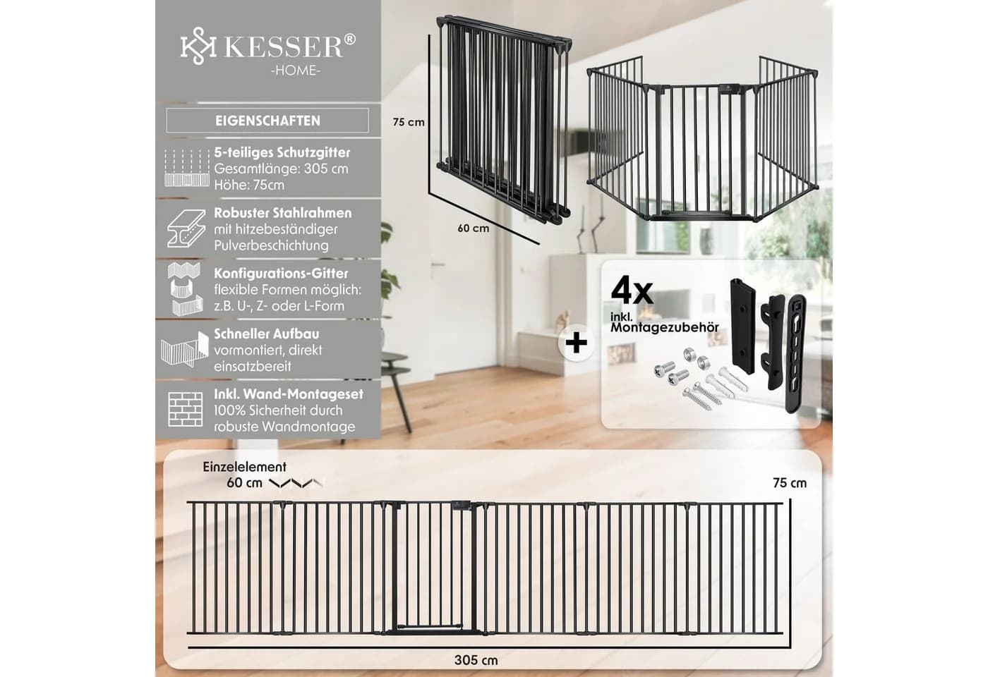 KESSER Kaminschutzgitter mit Tür Metall Schwarz Faltbar - Bild 2