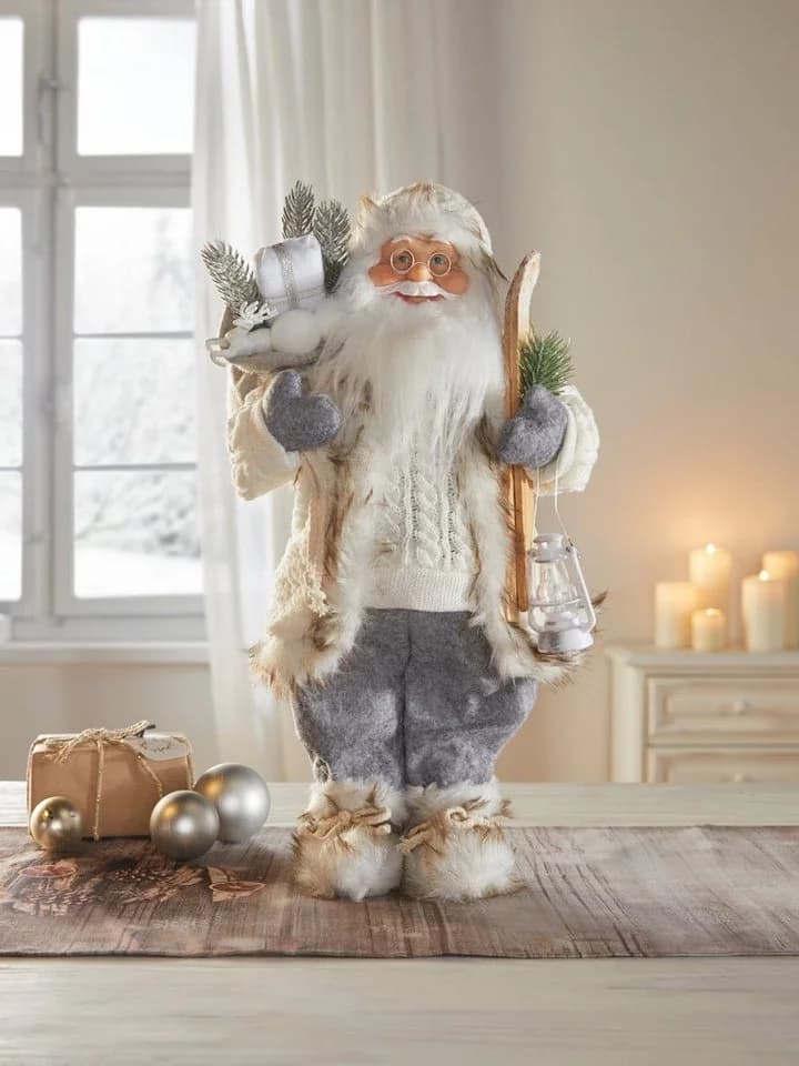 Dekoleidenschaft Weihnachtsmann Winter 46 cm hoch, Santa Claus Figur Deko Nikolaus mit Laterne & Ski