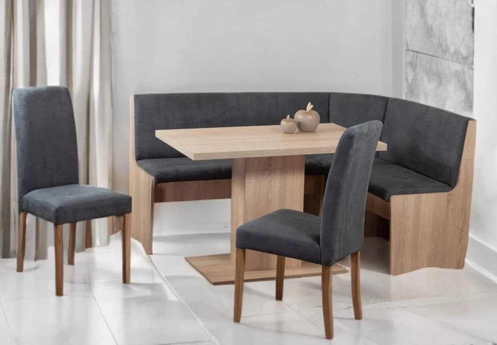 Stolebaenk Eckbankgruppe Duisburg Beige mit Staufach & Massivholz-Stühlen
