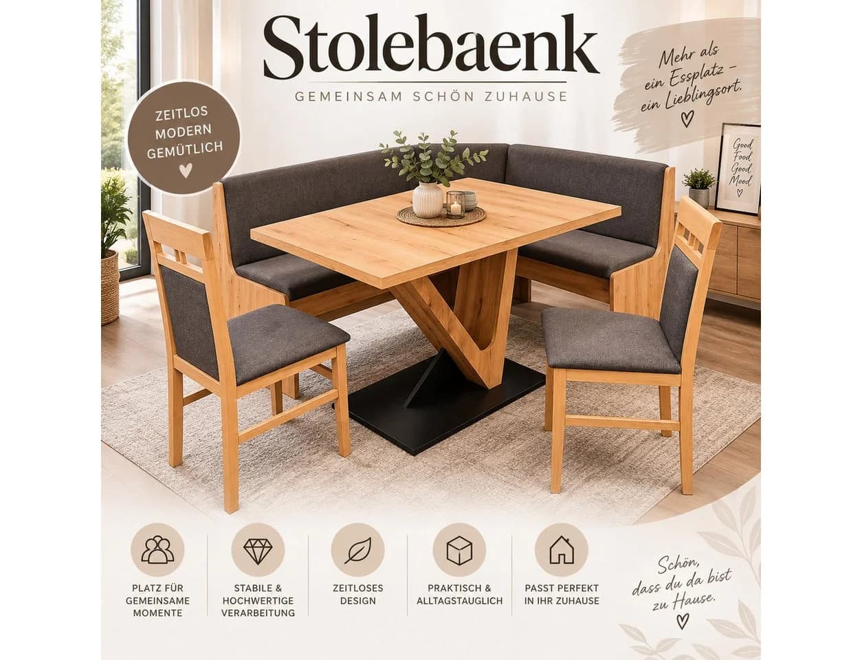 Stolebaenk Eckbankgruppe Leipzig mit Stauraum und Massivholzstühlen - Bild 2