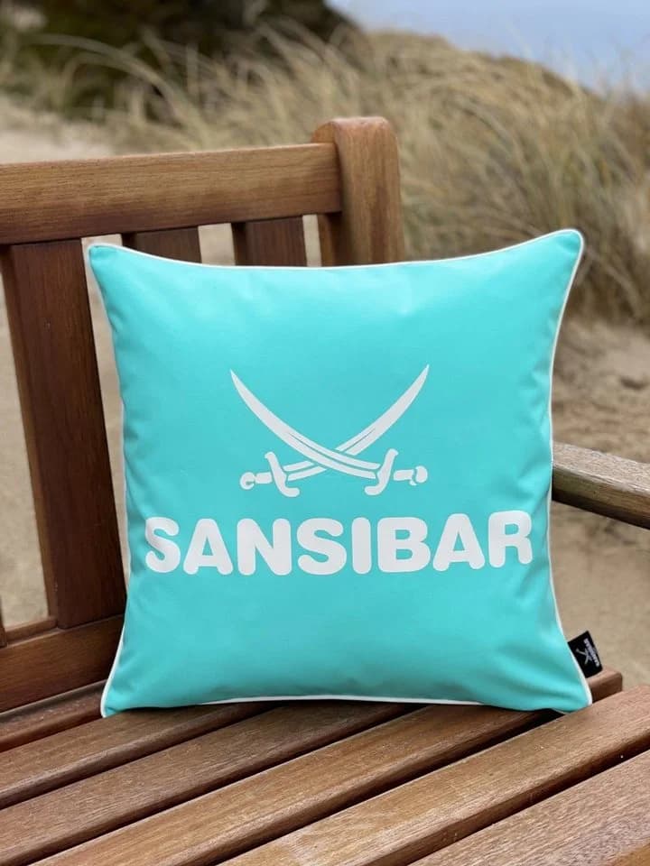 Türkis-Weißes Outdoor-Kissen aus 100% Polyester