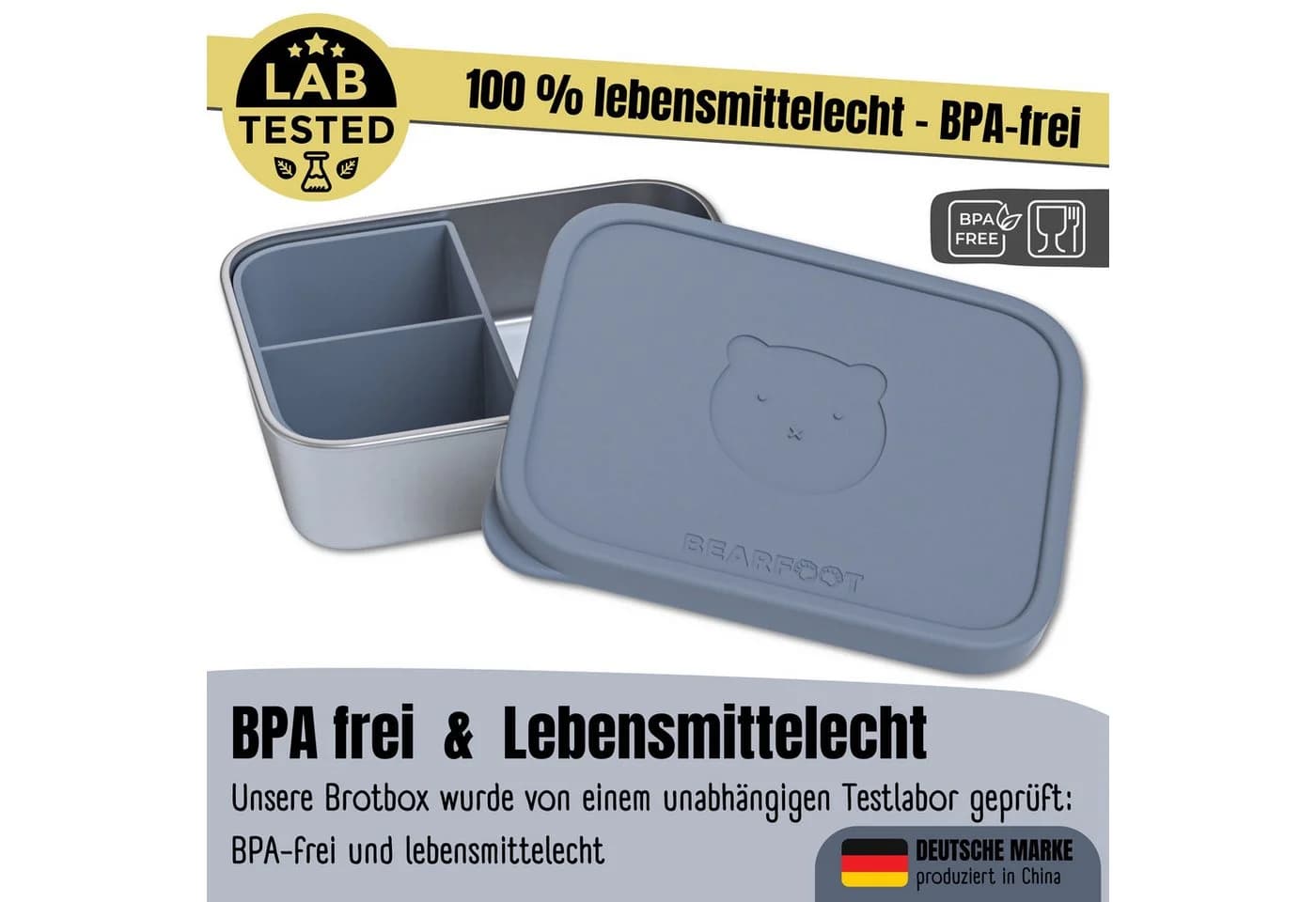 BEARFOOT Lunchbox Brotdose Kinder Edelstahl Blau mit Silikoneinsatz