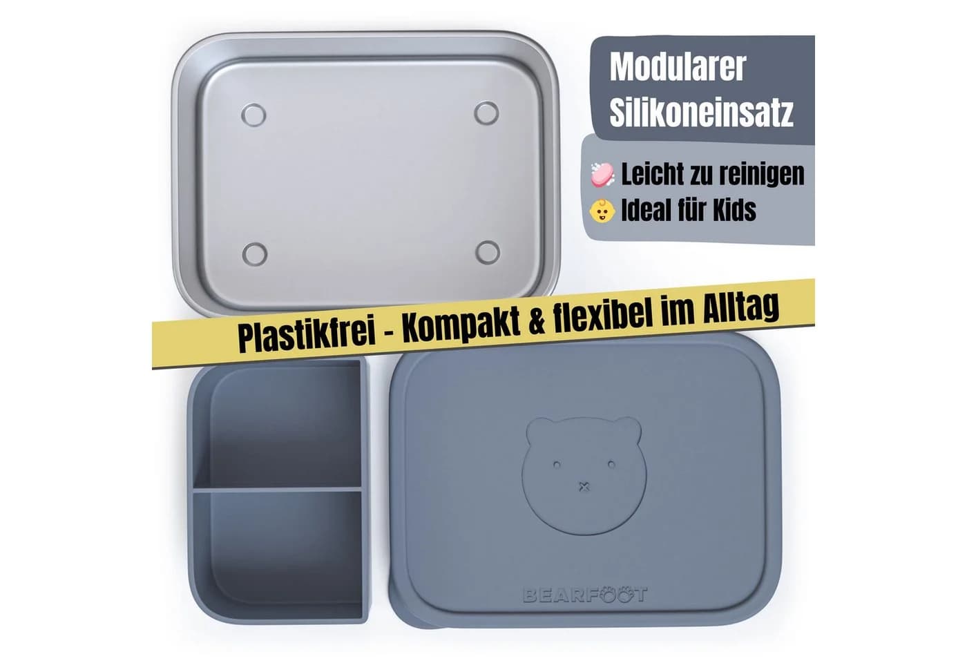 BEARFOOT Lunchbox Brotdose Kinder Edelstahl Blau mit Silikoneinsatz - Bild 3