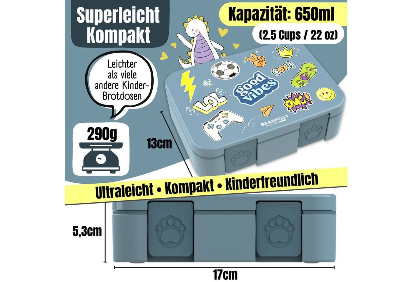 BEARFOOT Brotdose 650ml blau - Auslaufsichere Vesperbox mit Fächern - Bild 5