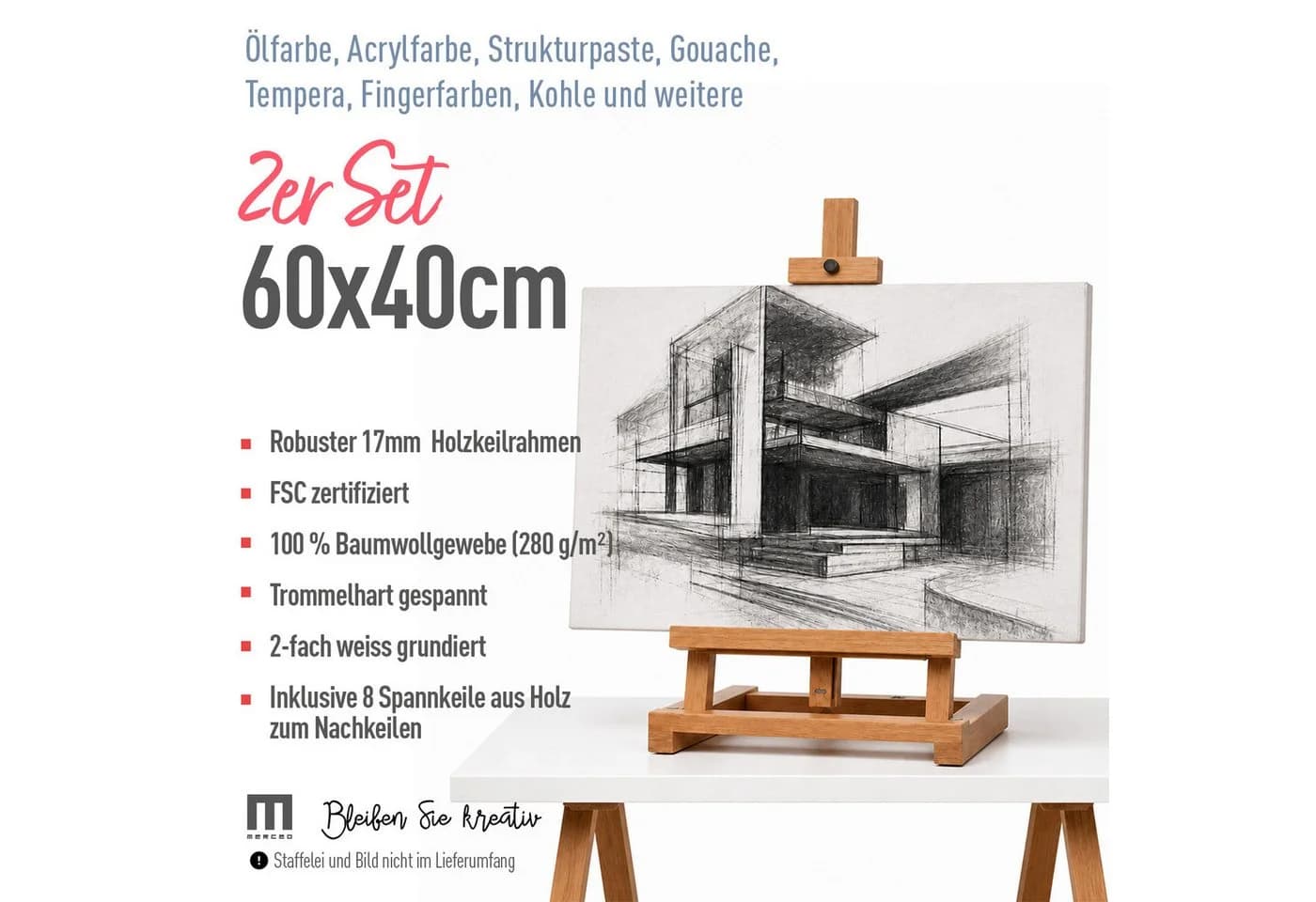 M MERCEO Leinwand 2er-Set 40x60cm Baumwolle Keilrahmen 280g/m