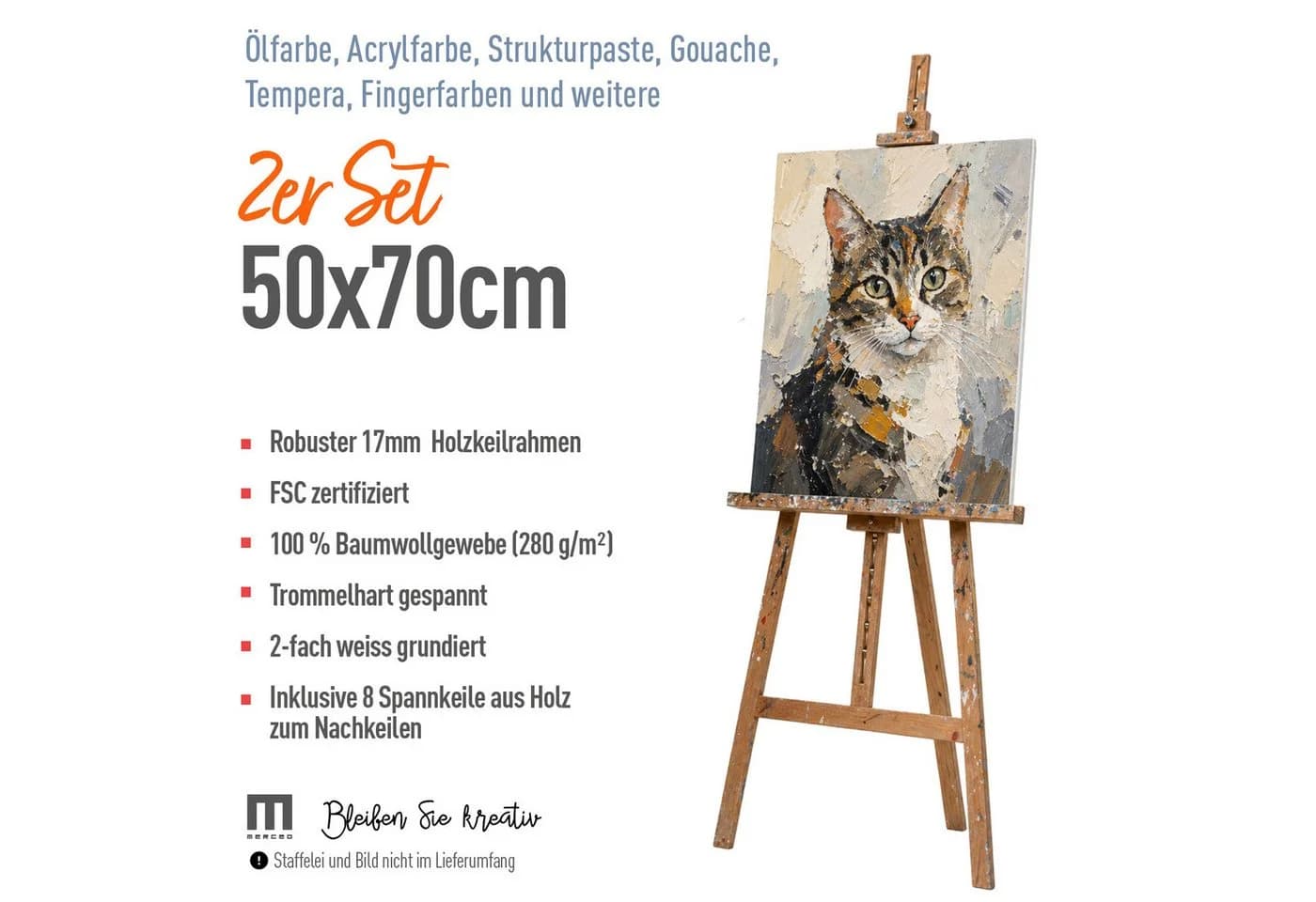 M MERCEO Leinwand 2er-Set 50x70cm Baumwolle Keilrahmen 280g/m