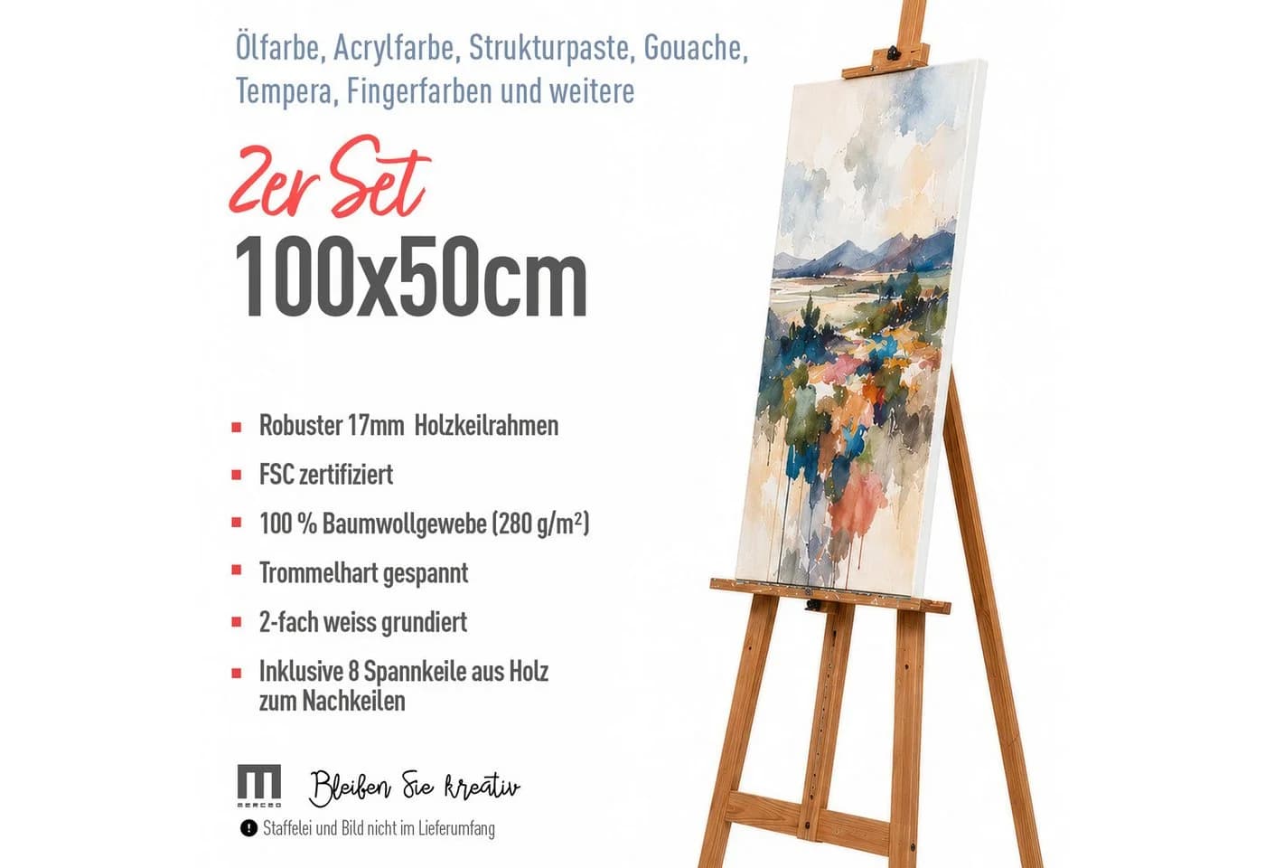 M MERCEO Leinwand 100x50cm Baumwolle Keilrahmen weiß vorgrundiert