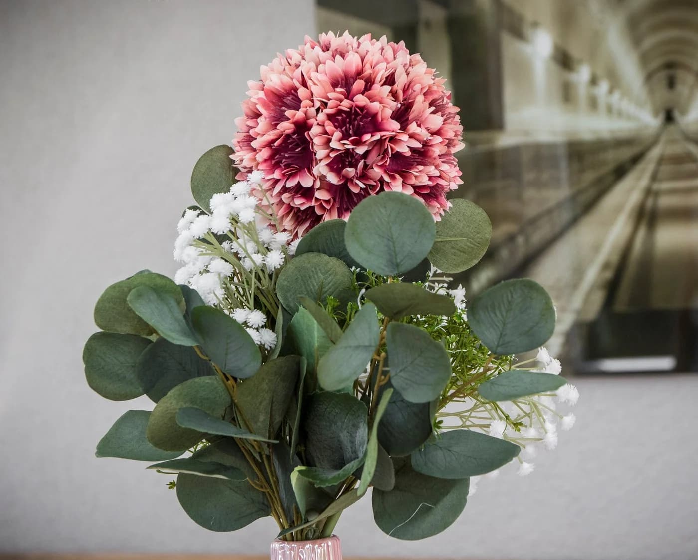 2474U Kunstblumenstrauß MARIA Rosa/Grün Allium Schleierkraut