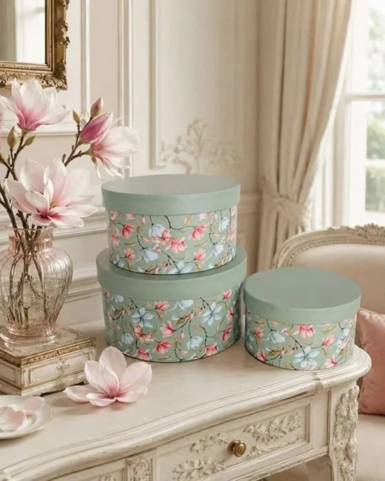 Geschenkbox 3er Set Grün Blumenmuster Rund - Elegante Deko & Verpackung