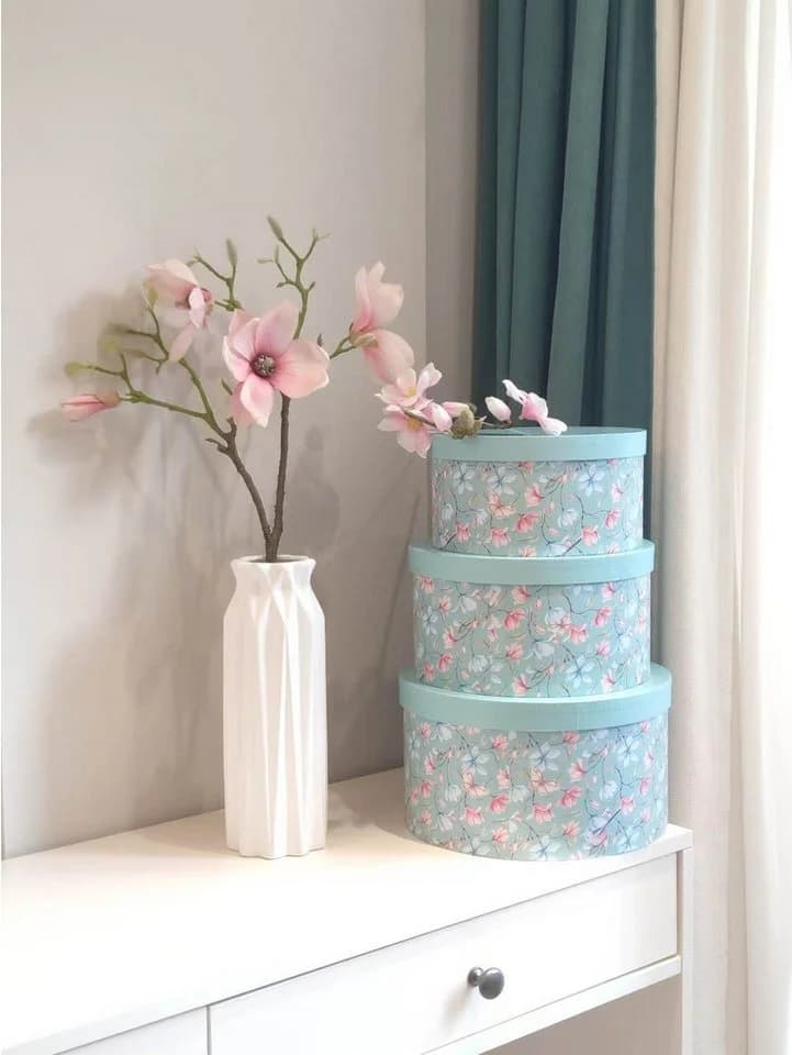 Geschenkbox 3er Set Grün Blumenmuster Rund - Elegante Deko & Verpackung - Bild 3