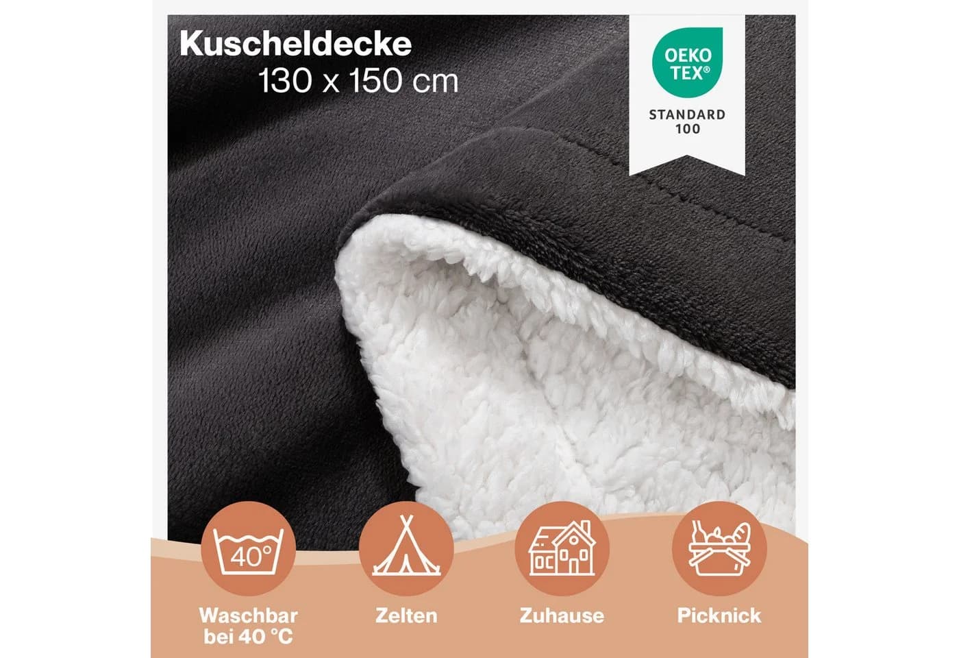 Blumtal Wohndecke Sherpa-Fleecedecke Grau Oeko-TEX