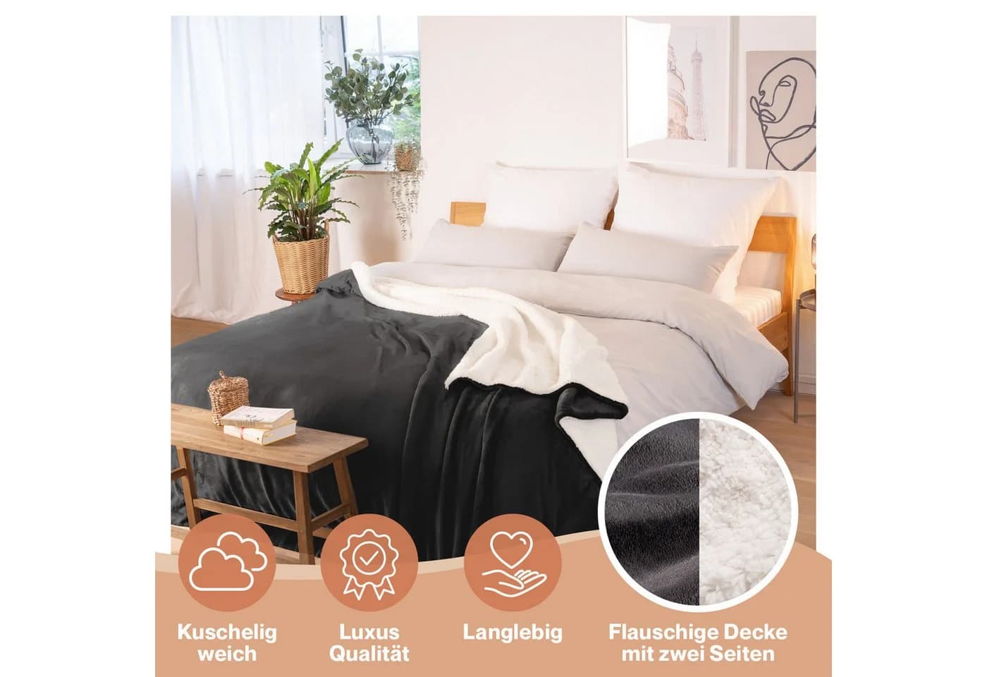 Blumtal Wohndecke Sherpa-Fleecedecke Grau Oeko-TEX - Bild 3
