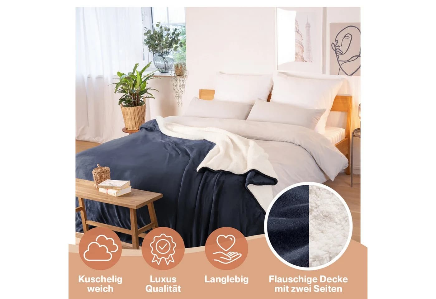 Blumtal Wohndecke Sherpa-Fleecedecke Oeko-TEX Zertifiziert Blau - Bild 3