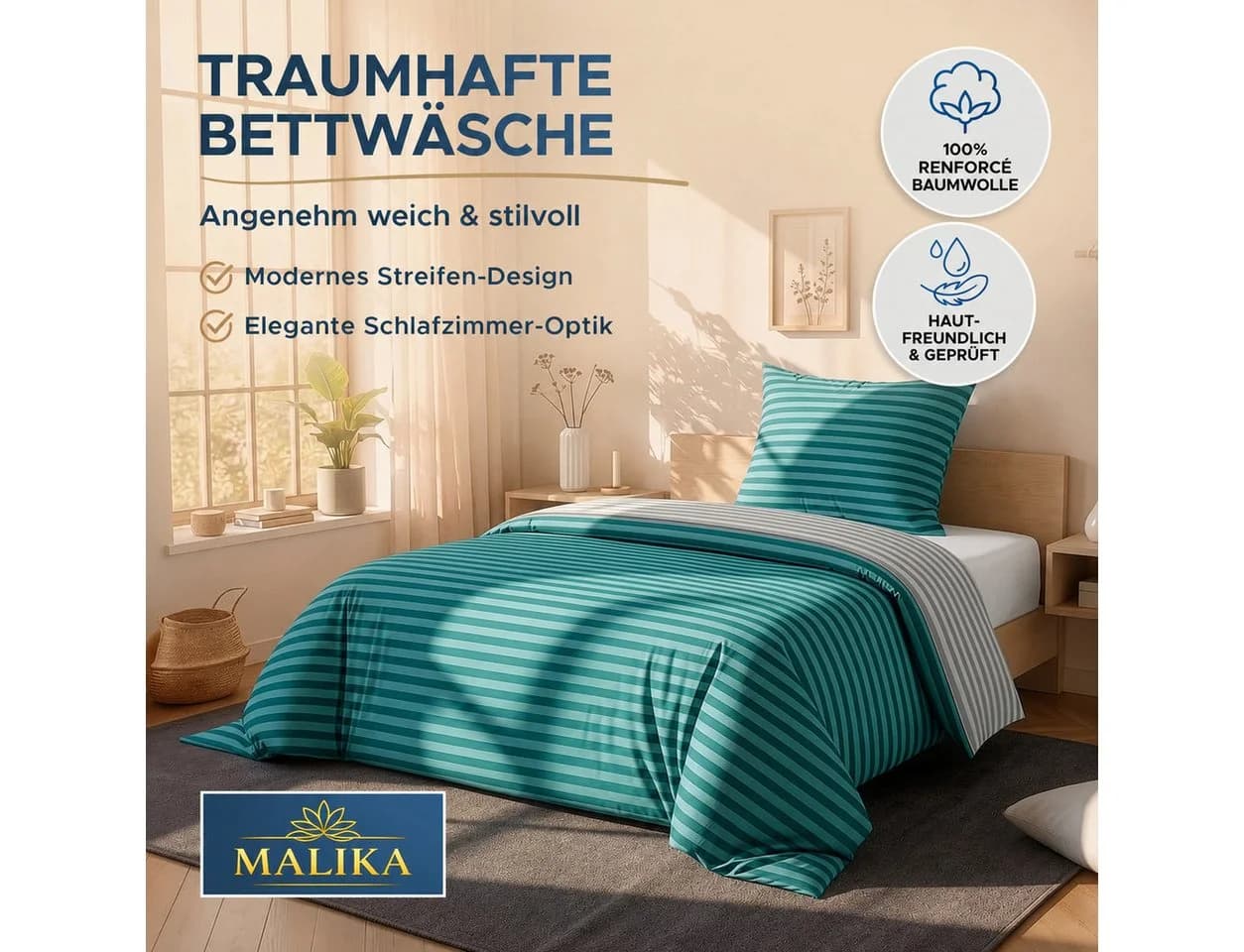 Malika Bettwäsche Renforce Baumwolle 135x200 + 80x80 cm Türkis Streifen