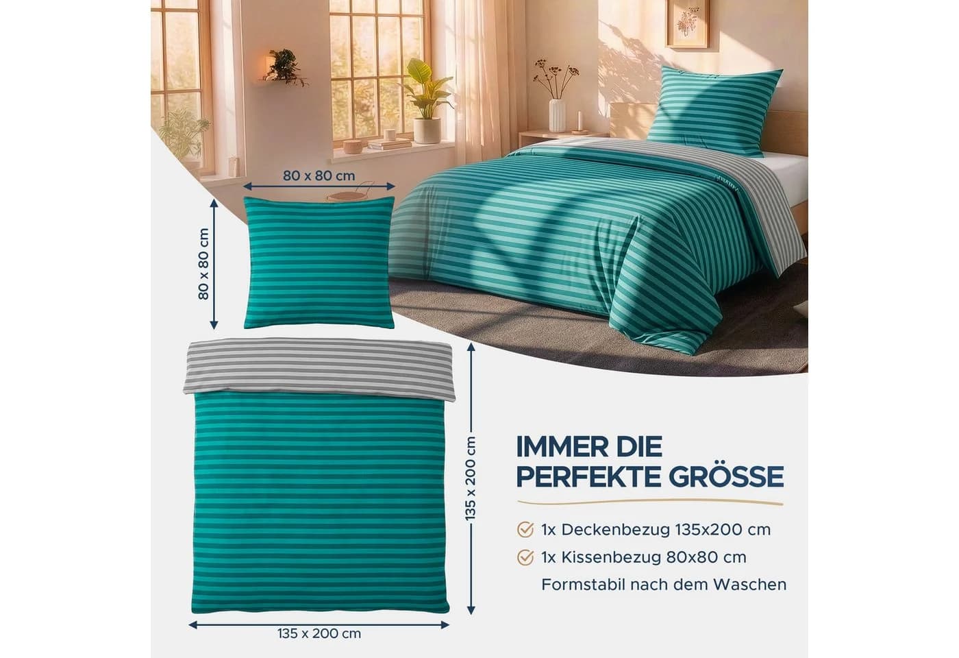 Malika Bettwäsche Renforce Baumwolle 135x200 + 80x80 cm Türkis Streifen - Bild 4