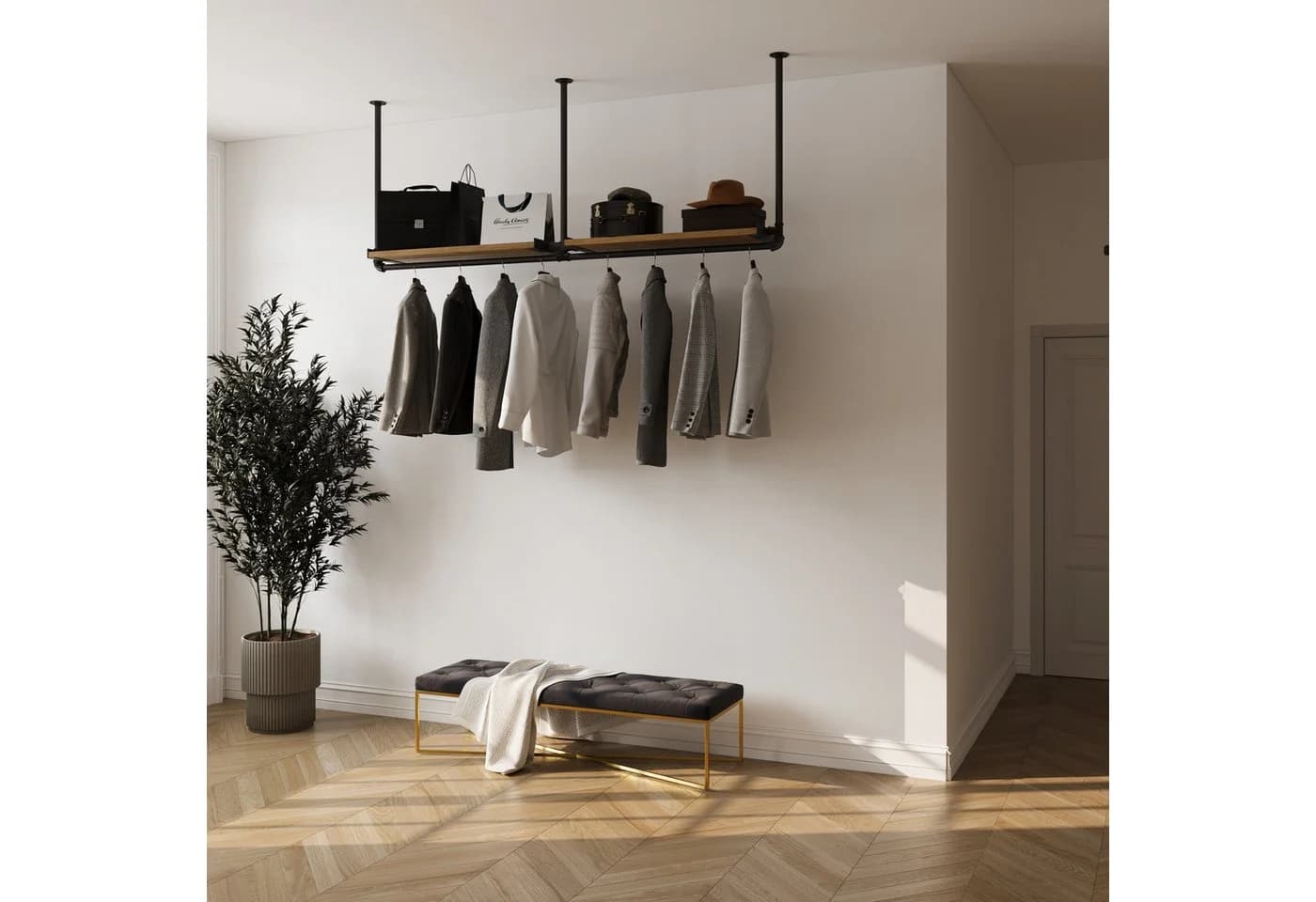 RSR Hangers Kleiderstange Garderobenleiste „DIEK“ mit Eichenholz Ablage - Bild 3