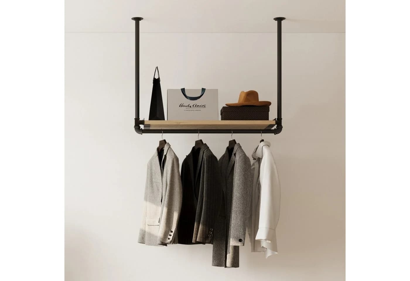 RSR Hangers Garderobenständer Kleiderstange Garderobe "MIK II" mit Kiefernholablage Deckenmontage - Bild 2
