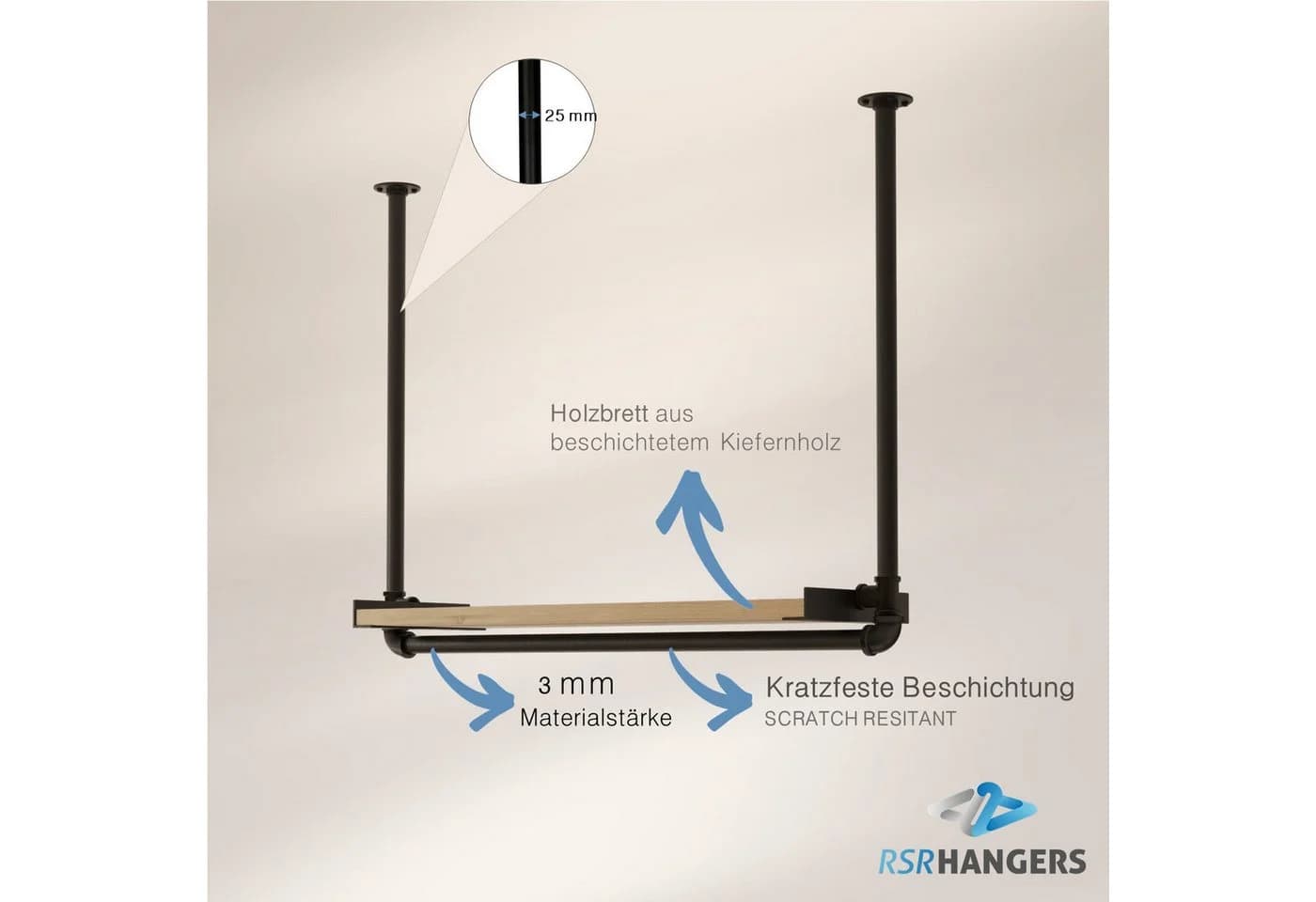 RSR Hangers Garderobenständer Kleiderstange Garderobe "MIK II" mit Kiefernholablage Deckenmontage - Bild 4