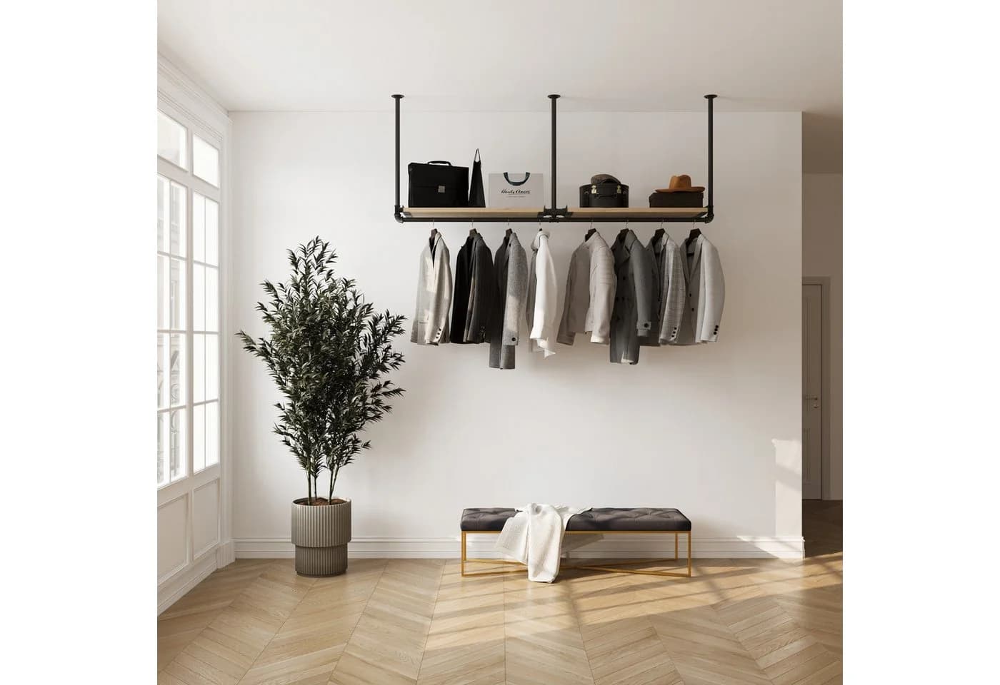 RSR Hangers Garderobe DIEK II mit Kiefernholablage Deckenmontage
