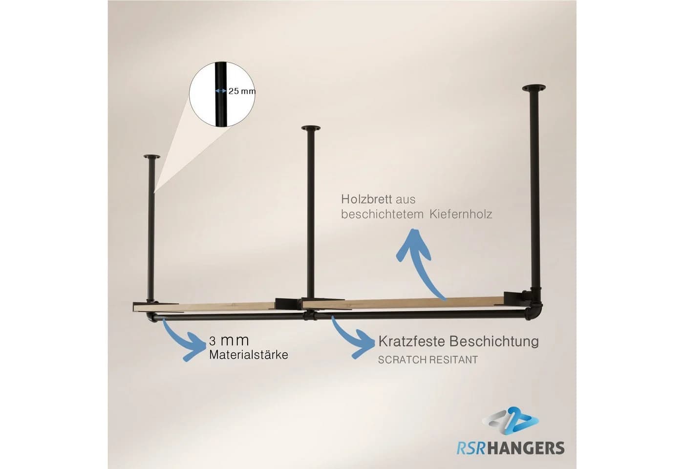 RSR Hangers Garderobenstange Kleiderstange Garderobe "DIEK II" mit Kiefernholablage Deckenmontage - Bild 4