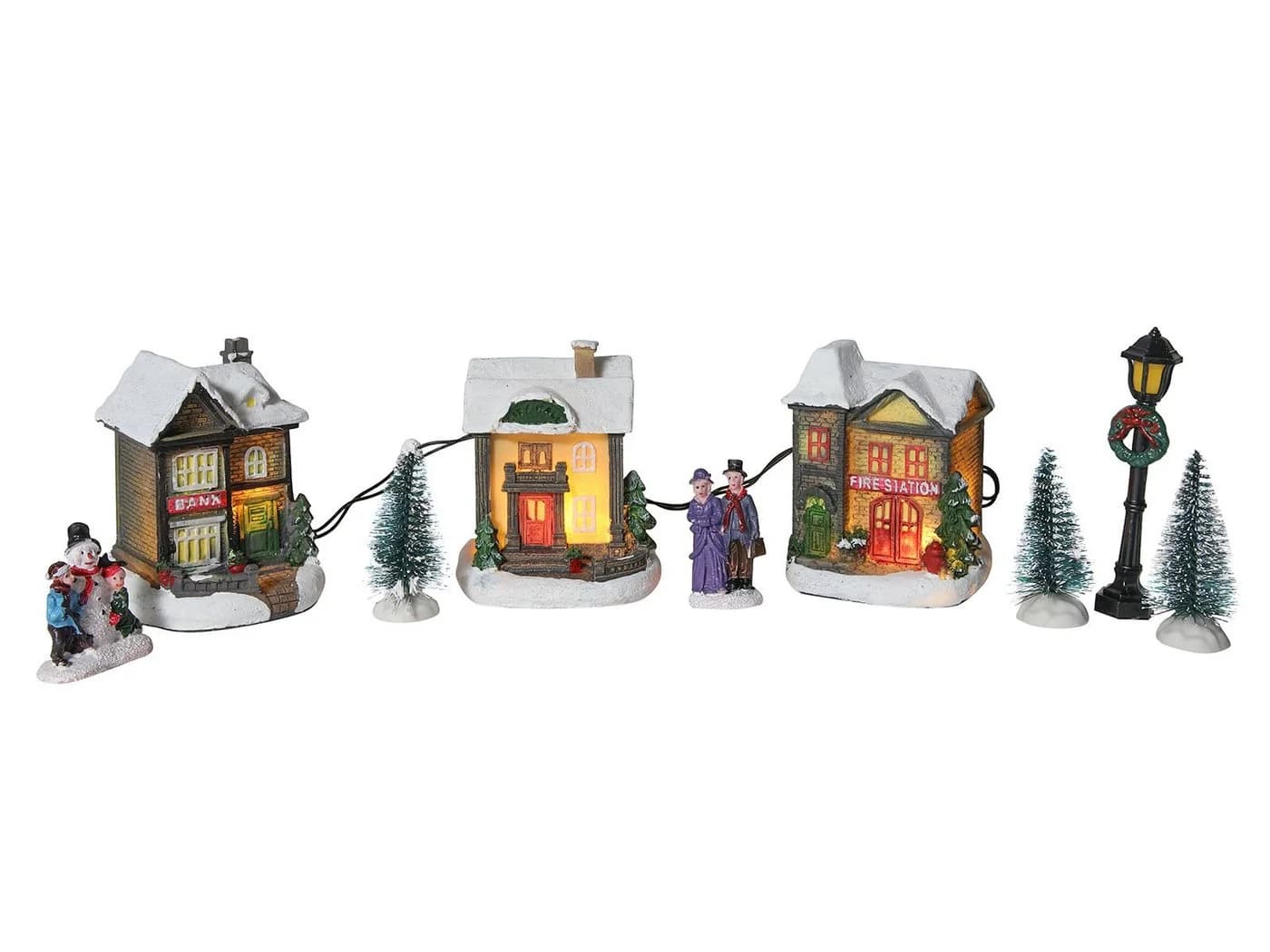 Spetebo LED Weihnachtsdorf 10-teilig mit Häusern, Figuren, Tannen und Laterne - Bild 2