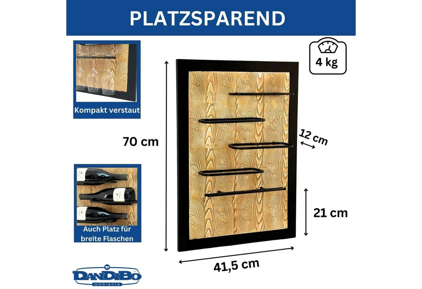 DanDiBo Weinregal Wand Metall Schwarz 4 Flaschen mit Glashalter