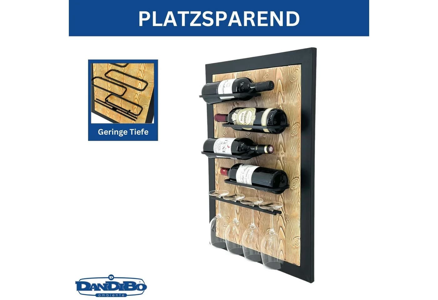 DanDiBo Weinregal Wand Metall Schwarz 4 Flaschen mit Glashalter - Bild 5