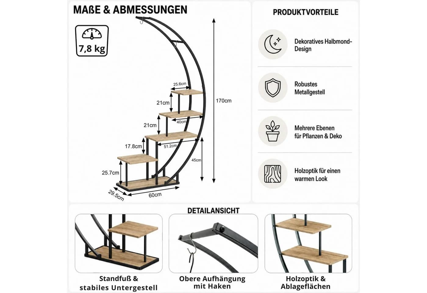 DanDiBo Blumenständer Halbrund Metall Schwarz Holzoptik