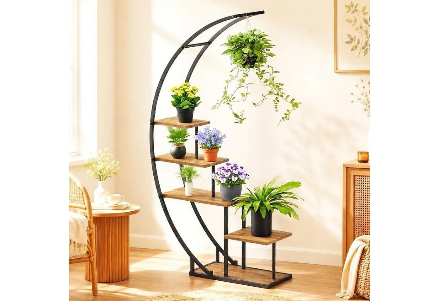 DanDiBo Blumenständer Halbrund Metall Schwarz Holzoptik - Bild 2
