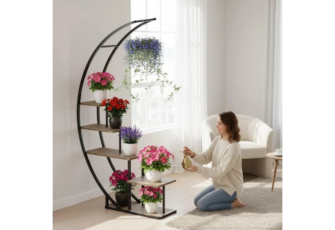DanDiBo Blumenständer Halbrund Metall Schwarz Holzoptik - Bild 3