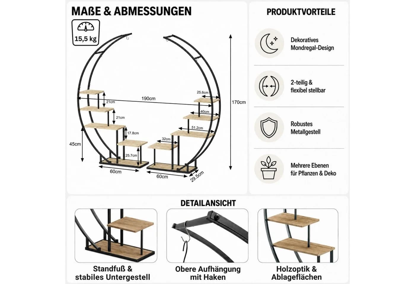 DanDiBo Blumenständer Pflanzenregal Schwarz Metall Holzoptik