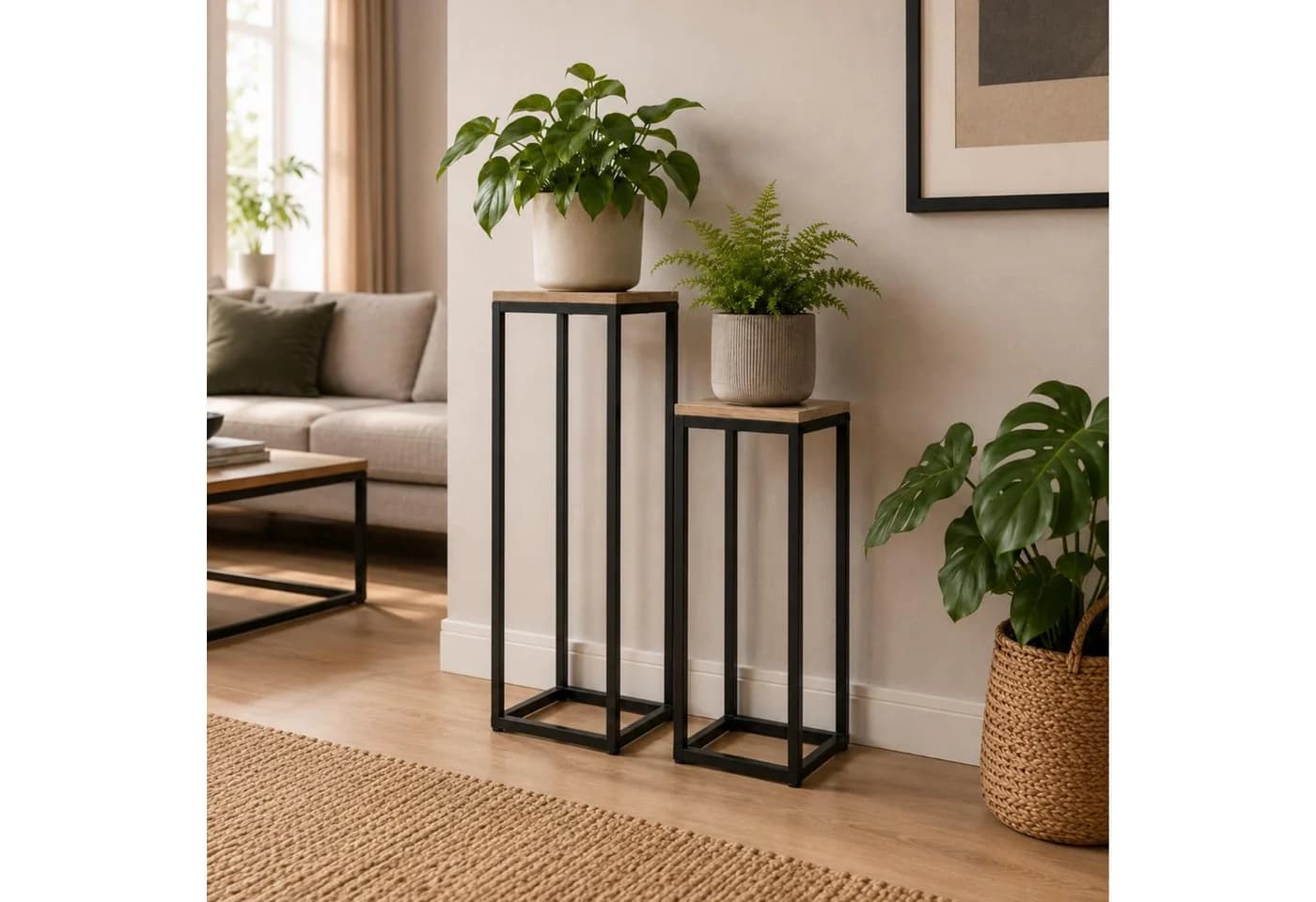 DanDiBo Blumenständer 2er Set Schwarz Metall Holzoptik - Bild 3