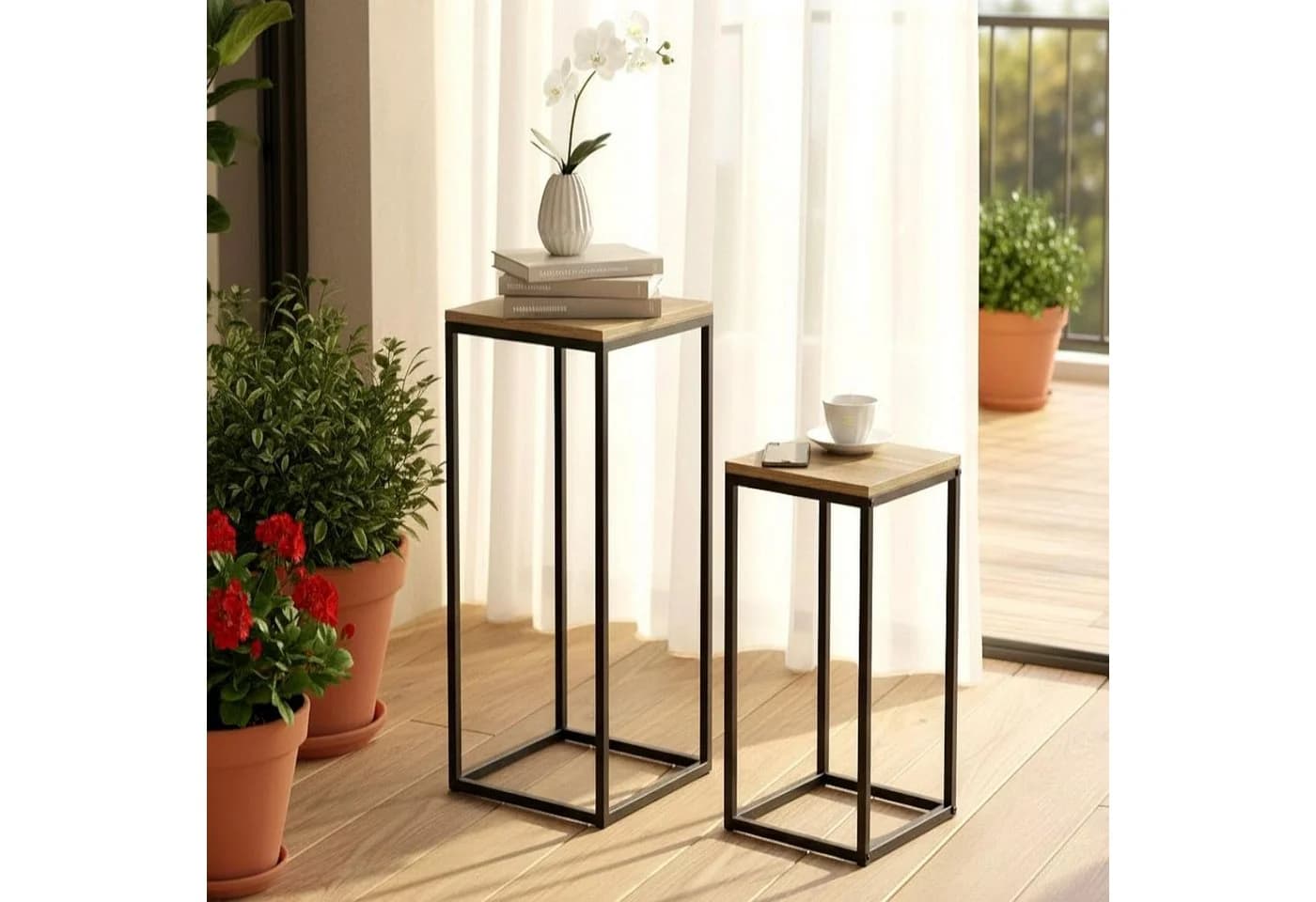 DanDiBo Blumenständer 2er Set Schwarz Metall Holzoptik - Bild 5