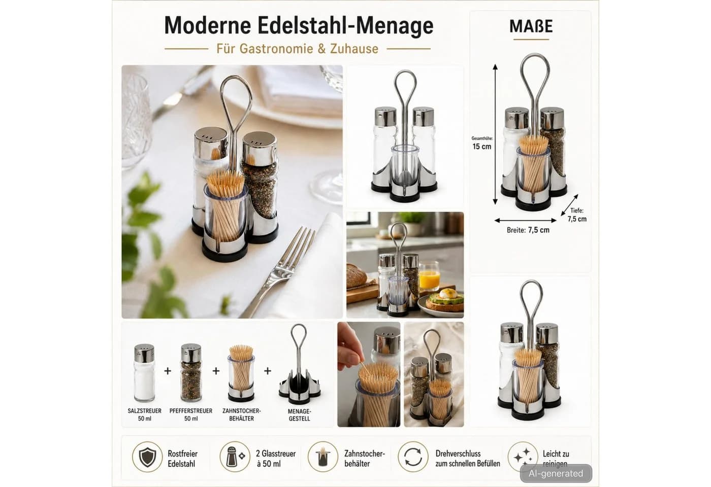 DanDiBo Menage-Set Salz- und Pfefferstreuer mit Zahnstocher