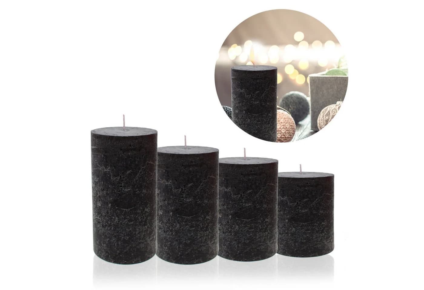 Candelo Stumpenkerze Kerzen Ambiente Rustic - Schwarz - 4er Set 12cm - Bild 3