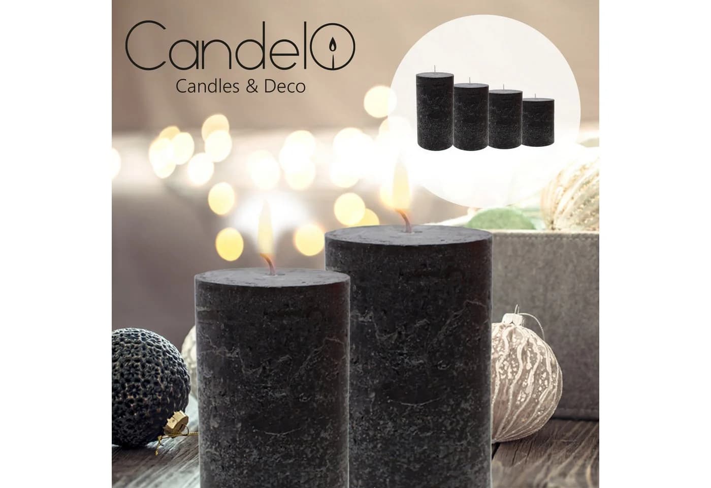 Candelo Stumpenkerze Kerzen Ambiente Rustic - Schwarz - 4er Set 12cm - Bild 4