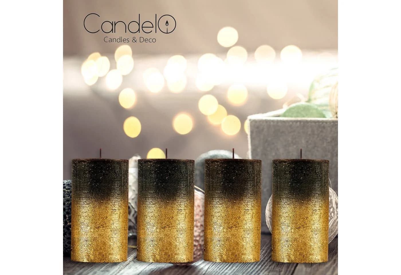 Candelo Stumpenkerzen 4er Set Schwarz-Gold 12cm 54h Adventskerzen - Bild 4