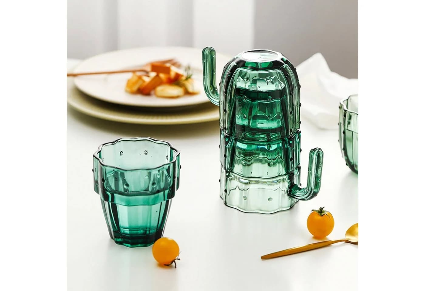 HomeGuru Glas-Set Kaktusform Stapelbar Vintage Grün