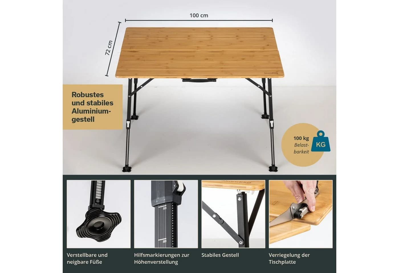 Skandika Campingtisch Tobro Bambus Klapptisch braun/schwarz höhenverstellbar - Bild 5