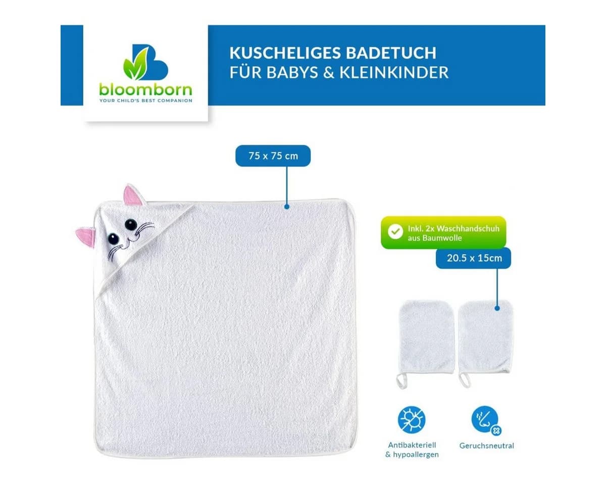 bloomborn Baby Badetuch Set mit Kapuze 75x75 cm Weiß Katzenmotiv