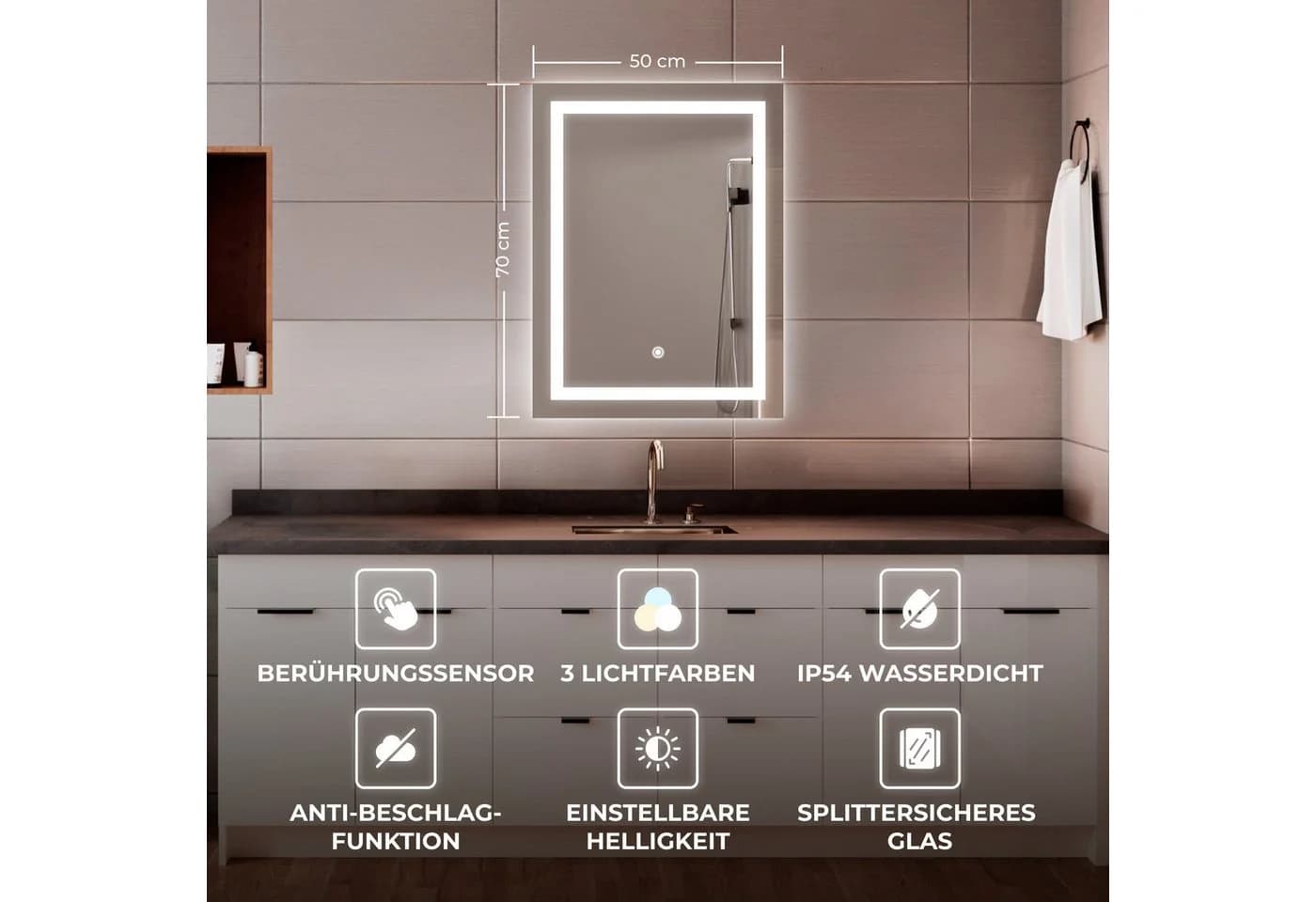 Bringer Badspiegel BRS102 LED mit Anti-Beschlag und Speicherfunktion Silber