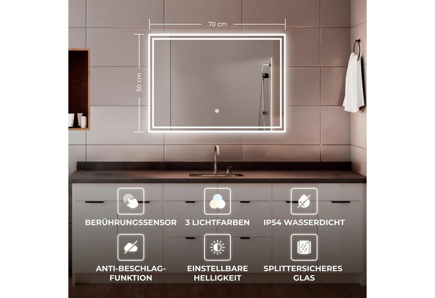 Bringer Badspiegel BRS107 mit Anti-Beschlag und LED-Beleuchtung