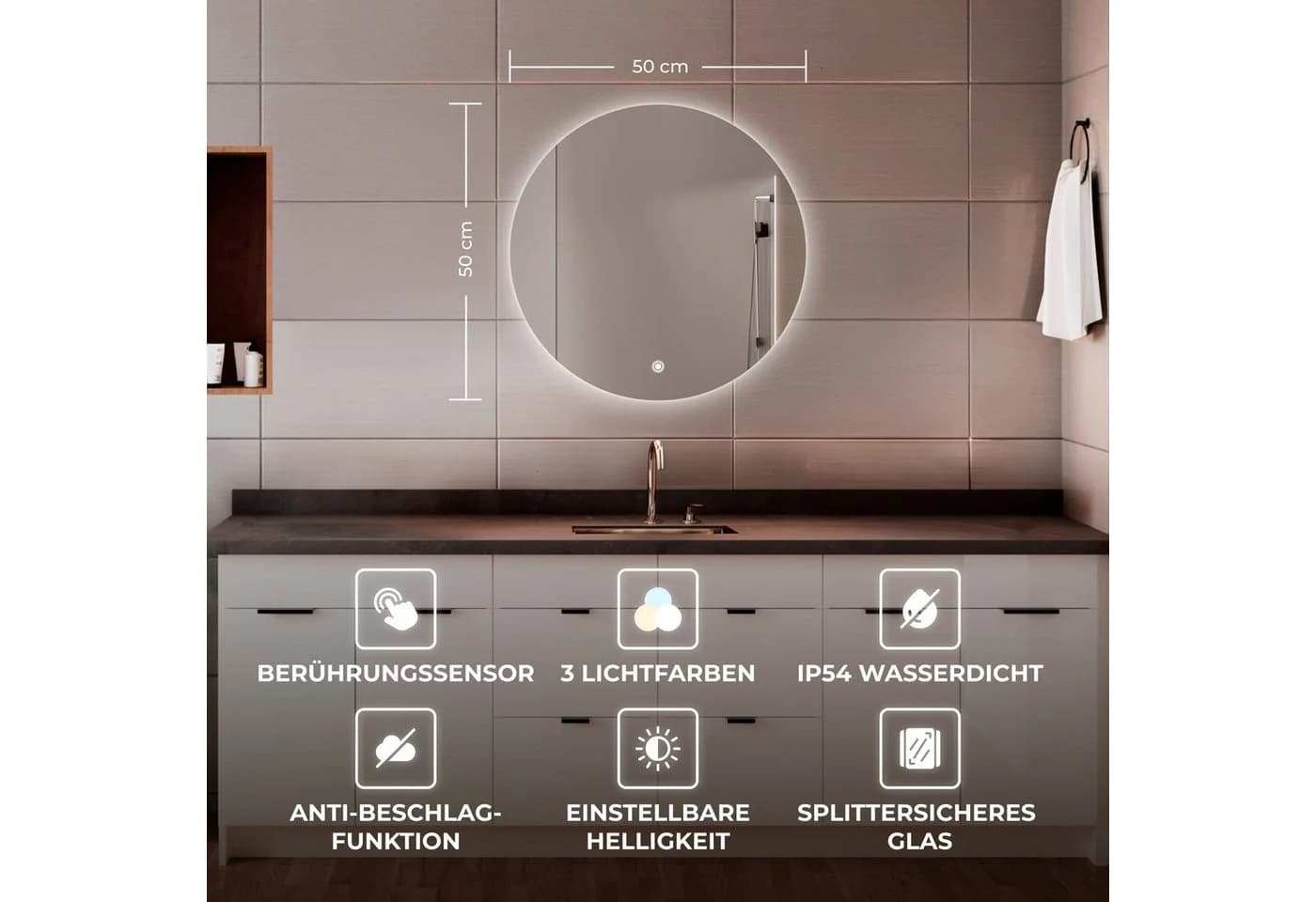Bringer Badspiegel Rund LED mit Anti-Beschlag und Memory-Funktion Silber