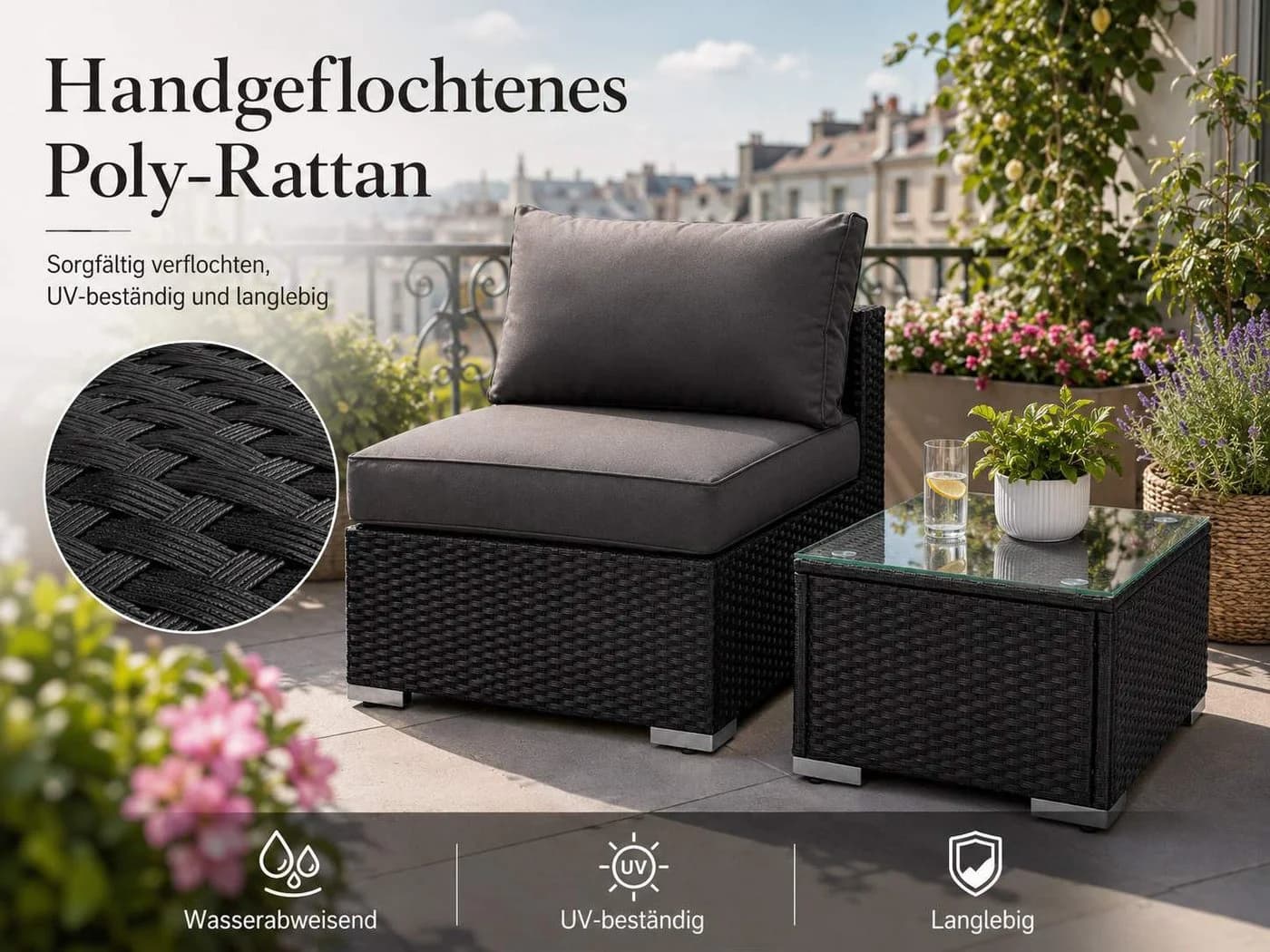 MeXo Gartenlounge-Set mit Loungesessel & Tisch Schwarz Poly-Rattan - Bild 4