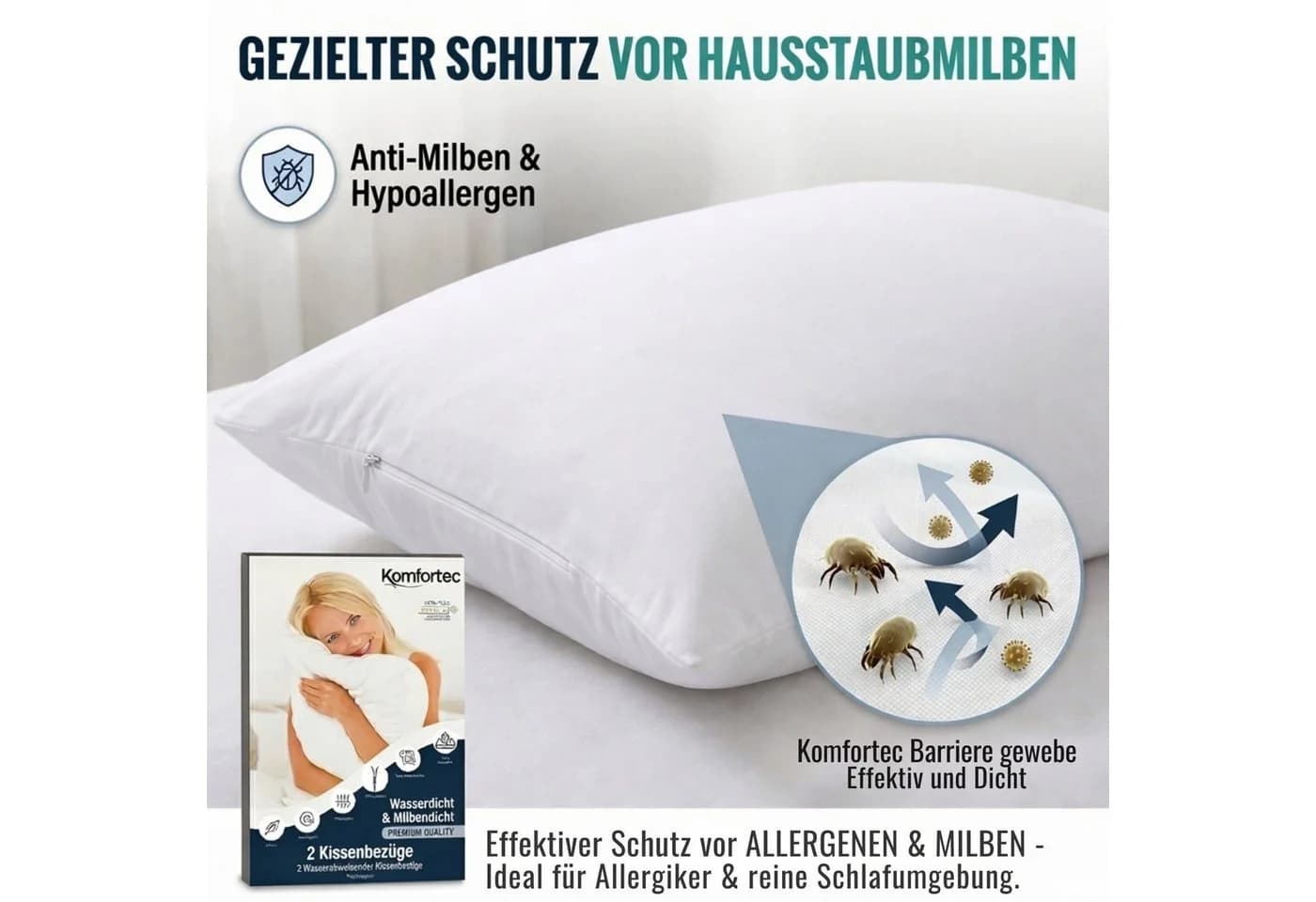 Komfortec Wasserdichte Kissenbezüge 45x45 cm Set, Hypoallergen & Atmungsaktiv