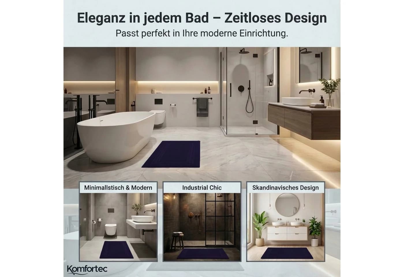 Komfortec Badematte 2er Set Navyblau 100% Baumwolle Frottee - Bild 5